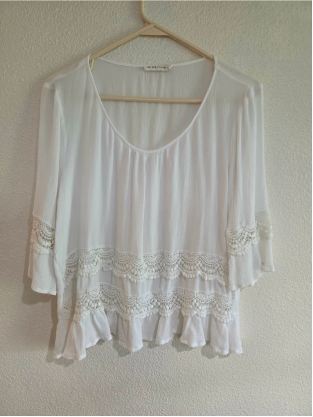 Miss Love Women’s L White Boho Crochet Lace Trim Blouse